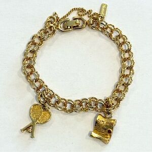 Vintage Monet Double Link Charm Bracelet Gold Tone Diploma & Tennis Chunky 7.5”